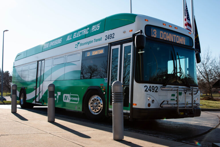 A Bloomington Transit electric bus parked in front of Ivy Tech for the ribbon cutting event that took place on January 2nd.